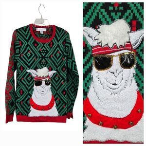 Hip Hop LLama Sunglasses Bells Green Ugly Christmas Pullover Jolly Sweater Small